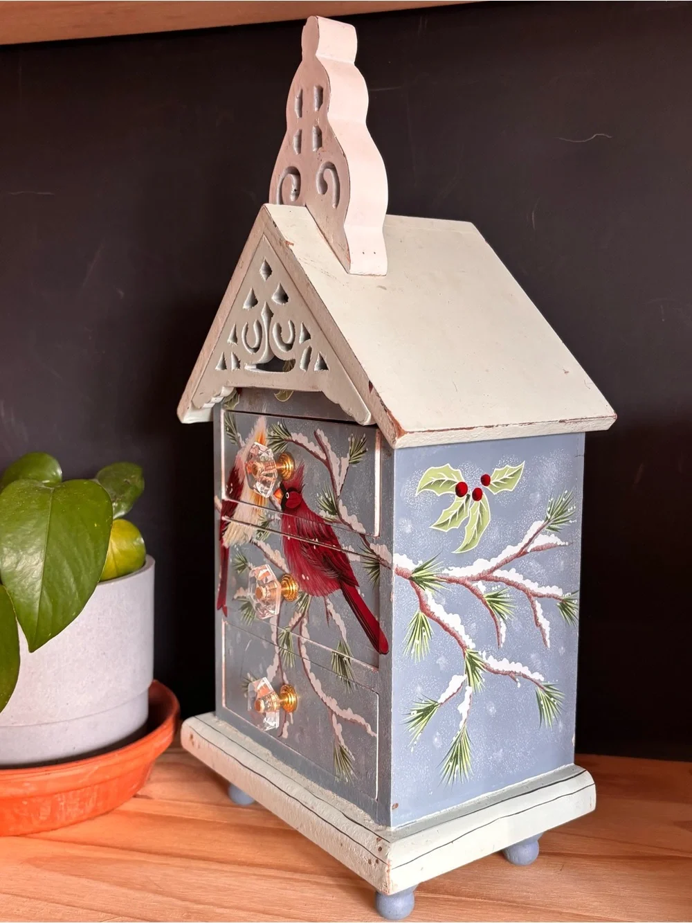 Hand-Painted Wooden Jewelry Box with Red Cardinals- 3 Drawers